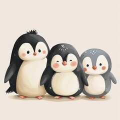 Fototapeta premium Very childish watercolor vintage cartoon cute and charming kawaii penguin clipart vector, organic forms with desaturated light and airy pastel color palette. Great as nursery art.