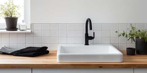 Black sink and faucet detail in a white kitchen with butcher block countertop, white subway tile backsplash, and cozy decor.