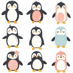 Fototapeta premium Very childish watercolor vintage cartoon cute and charming kawaii penguin clipart vector, organic forms with desaturated light and airy pastel color palette. Great as nursery art.