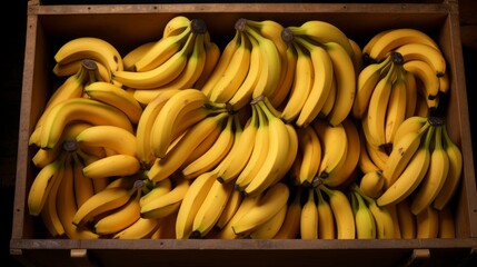 Box filled with golden-hued bananas, close-up realistic photo Generative AI