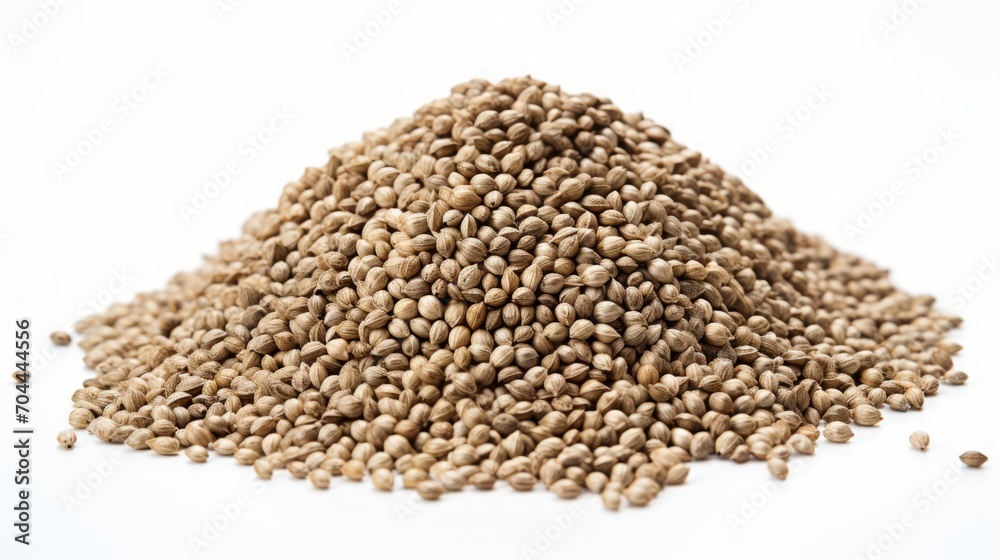 Poster close-up realistic photo featuring a small pile of hemp seeds on a white background generative ai