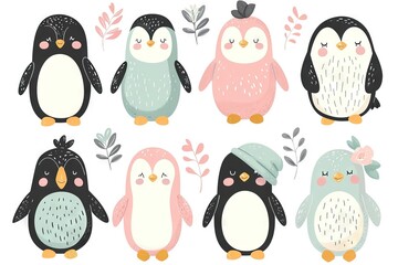 Obraz premium Very childish watercolor vintage cartoon cute and charming kawaii penguin clipart vector, organic forms with desaturated light and airy pastel color palette. Great as nursery art.