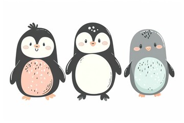 Obraz premium Very childish watercolor vintage cartoon cute and charming kawaii penguin clipart vector, organic forms with desaturated light and airy pastel color palette. Great as nursery art.