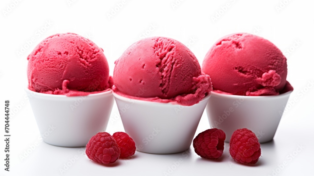 Poster Close-up realistic photo of three scoops of raspberry sorbet on a white background Generative AI
