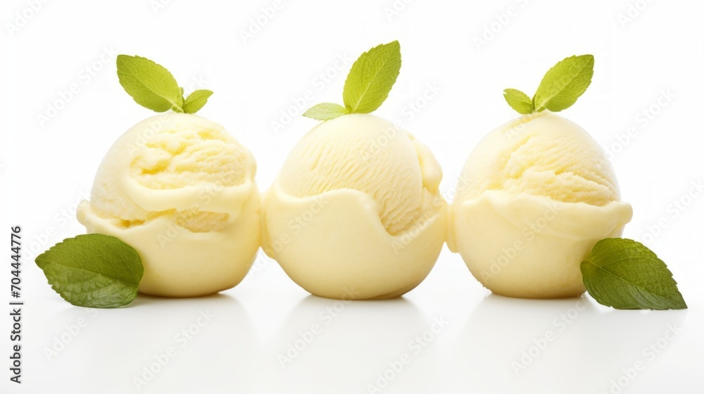 Poster close-up realistic photo of three scoops of tangy lemon sorbet on a white background generative ai