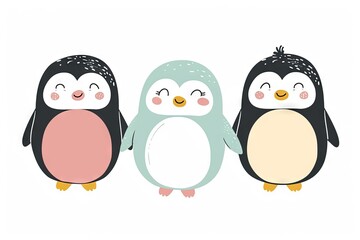 Fototapeta premium Very childish watercolor vintage cartoon cute and charming kawaii penguin clipart vector, organic forms with desaturated light and airy pastel color palette. Great as nursery art.