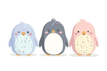 Obraz premium Very childish watercolor vintage cartoon cute and charming kawaii penguin clipart vector, organic forms with desaturated light and airy pastel color palette. Great as nursery art.