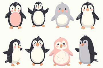 Fototapeta premium Very childish watercolor vintage cartoon cute and charming kawaii penguin clipart vector, organic forms with desaturated light and airy pastel color palette. Great as nursery art.