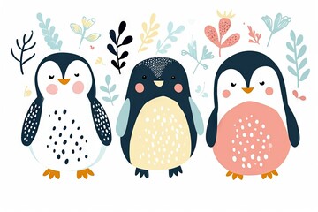 Very childish watercolor vintage cartoon cute and charming kawaii penguin clipart vector, organic forms with desaturated light and airy pastel color palette. Great as nursery art. - obrazy, fototapety, plakaty