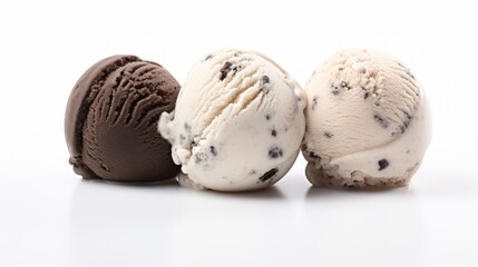 Close-up realistic photo of three scoops of decadent cookies and cream ice cream on a white background Generative AI