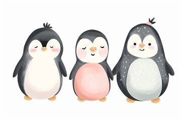 Fototapeta premium Very childish watercolor vintage cartoon cute and charming kawaii penguin clipart vector, organic forms with desaturated light and airy pastel color palette. Great as nursery art.