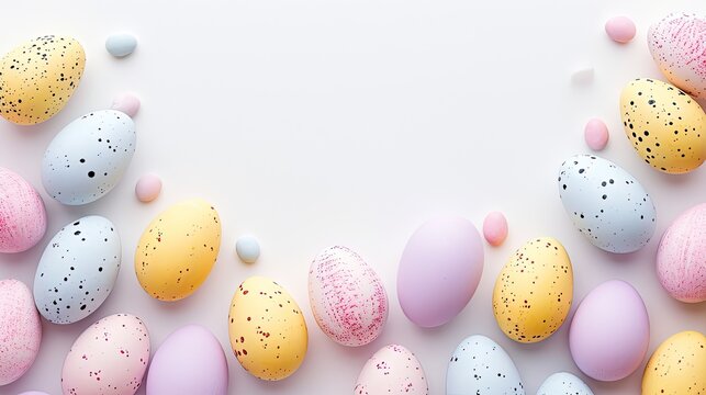 Colorful Easter eggs around picture frame on white background. Minimalistic concept.Top down perspective, Copy space image