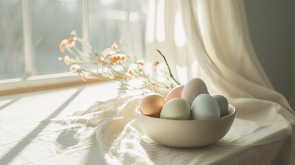 Easter eggs painted in pastel colors stand on the windowsill in a bowl by the window with flower