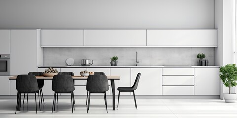 Stylish monochrome kitchen with minimalist dining set.