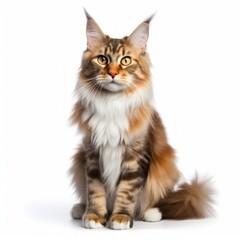 Obraz premium Content Maine Coon Cat sitting on a white background, fluffy fur, relaxed pose Generative AI