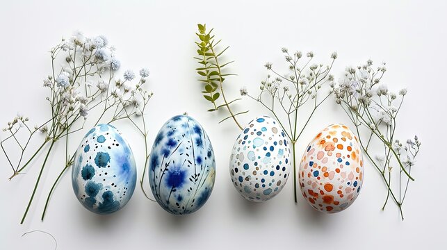Eggs with tradition floral artistic ornaments painted for the bright holiday of Easter on a white background with spring herbs