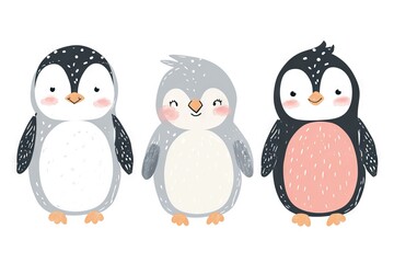 Fototapeta premium Very childish watercolor vintage cartoon cute and charming kawaii penguin clipart vector, organic forms with desaturated light and airy pastel color palette. Great as nursery art.