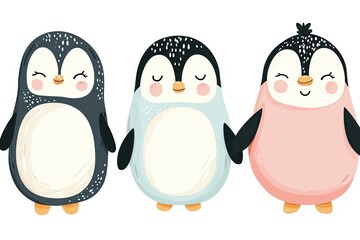 Fototapeta premium Very childish watercolor vintage cartoon cute and charming kawaii penguin clipart vector, organic forms with desaturated light and airy pastel color palette. Great as nursery art.