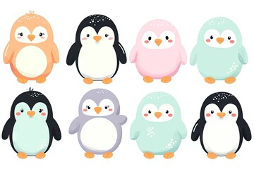 Fototapeta premium Very childish watercolor vintage cartoon cute and charming kawaii penguin clipart vector, organic forms with desaturated light and airy pastel color palette. Great as nursery art.