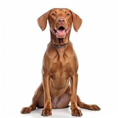 Merry Vizsla sitting on a white background, sleek build, joyful expression Generative AI