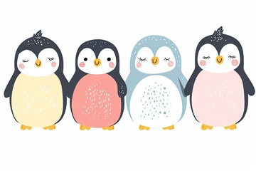 Fototapeta premium Very childish watercolor vintage cartoon cute and charming kawaii penguin clipart vector, organic forms with desaturated light and airy pastel color palette. Great as nursery art.