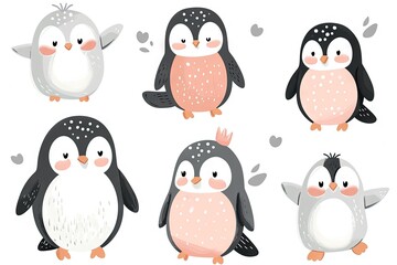 Obraz premium Very childish watercolor vintage cartoon cute and charming kawaii penguin clipart vector, organic forms with desaturated light and airy pastel color palette. Great as nursery art.