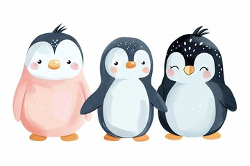 Fototapeta premium Very childish watercolor vintage cartoon cute and charming kawaii penguin clipart vector, organic forms with desaturated light and airy pastel color palette. Great as nursery art.