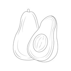 Avocado silhouette. Whole and half avocado. Natural product. Healthy eating and diet. Design of greeting cards, posters, patches, prints on clothes, emblems. Green avocado with pit.