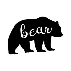 Bear in wild breed. Forest and mountains. Tattoo, travel, adventure, wild nature symbol. Design of greeting cards, posters, patches, prints on clothes, emblems. Natural open spaces.