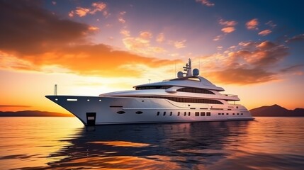 Realistic photo of a high-class yacht cruise during sunset, well-to-do passengers enjoying the opulent experience, luxurious settings, and the captivating sunset view Generative AI