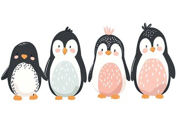 Fototapeta premium Very childish watercolor vintage cartoon cute and charming kawaii penguin clipart vector, organic forms with desaturated light and airy pastel color palette. Great as nursery art.