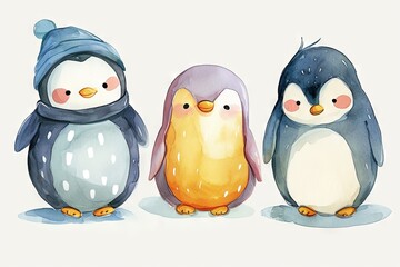 Fototapeta premium Very childish watercolor vintage cartoon cute and charming kawaii penguin clipart vector, organic forms with desaturated light and airy pastel color palette. Great as nursery art.