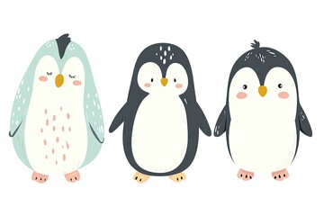 Fototapeta premium Very childish watercolor vintage cartoon cute and charming kawaii penguin clipart vector, organic forms with desaturated light and airy pastel color palette. Great as nursery art.