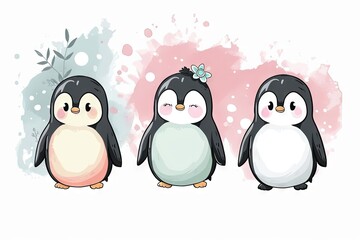 Fototapeta premium Very childish watercolor vintage cartoon cute and charming kawaii penguin clipart vector, organic forms with desaturated light and airy pastel color palette. Great as nursery art.