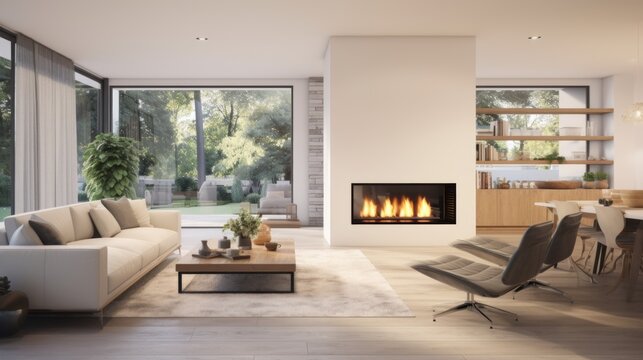 Realistic photo of a contemporary living room featuring a double-sided fireplace, open floor plan, modern furniture, sleek design, bright and airy atmosphere Generative AI