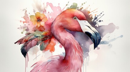 A Flamingo That Has Floral Crown on Its Head, Watercolor Painting.