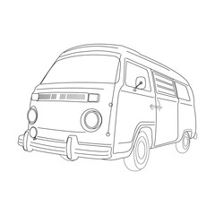 Travel van silhouette. Retro van. Vintage design. Summer holiday in a forest camp. A tourist route. Design of greeting cards, posters, patches, prints on clothes, emblems.
