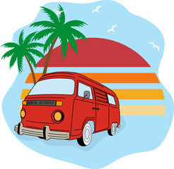 Retro van. Van for travel. Summer holiday in a forest camp. A tourist route. Design of greeting cards, posters, patches, prints on clothes, emblems. Vintage design.