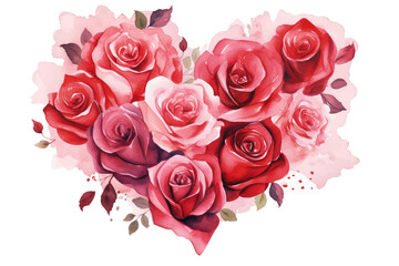 Watercolor heart made of roses isolated. Valentine's Day postcards and greeting cards design.