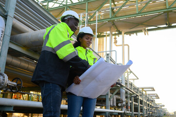 Male and female engineers check the drawing system inspection with the real pipe system of the new...
