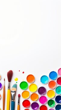 Stock image of a collection of vibrant art supplies on a white background, creativity and inspiration Generative AI