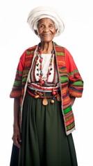 Stock image of a grandma in a traditional dress against a plain white background Generative AI