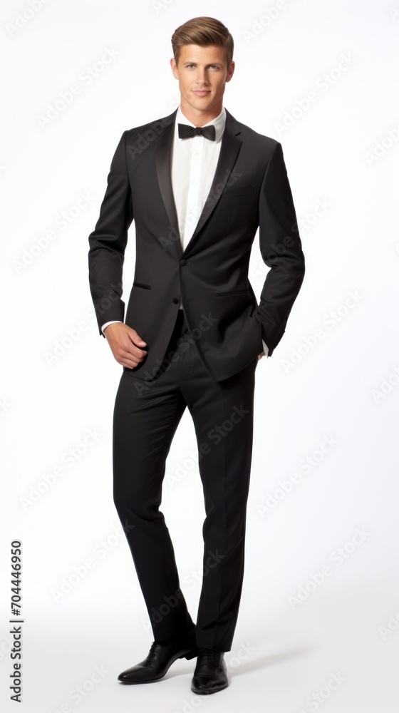 Aufkleber stock image of a male model in elegant evening wear against a plain white background generative ai