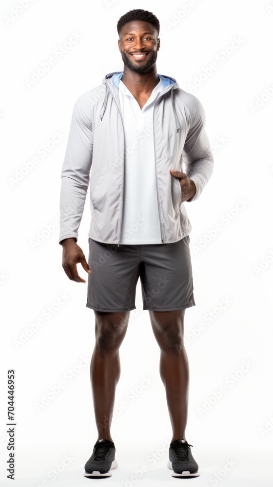 Poster stock image of a man in athletic wear on a plain white background generative ai