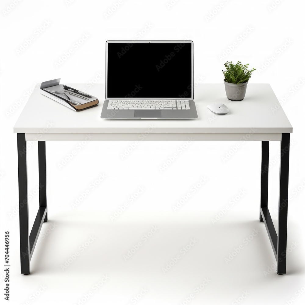 Poster Stock image of a minimalist computer desk on a white background, compact, efficient design Generative AI