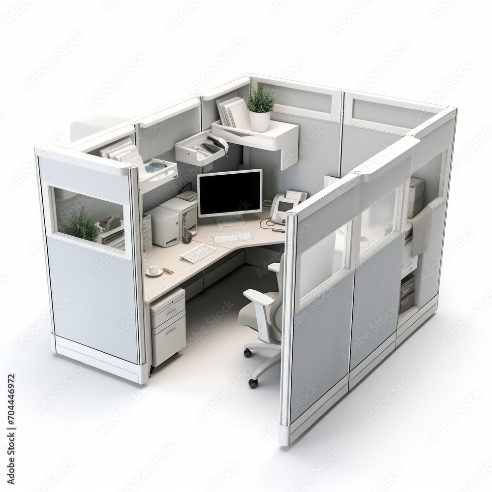 Poster Stock image of a modular office cubicle on a white background, practical, customizable workspace Generative AI