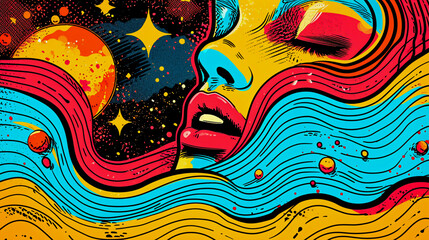 Fototapeta premium Pop art comics face, psychedelic art, Generative AI