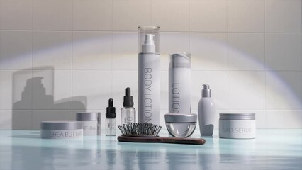 Elegant 3D animation of skincare products with clean, reflective surfaces and calming hues.