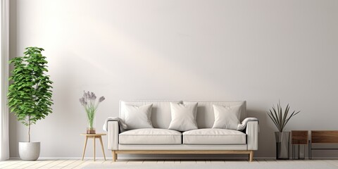 Large white living room with gray sofa, wooden table, carpet, small tree, mock-up wall, and copy space.