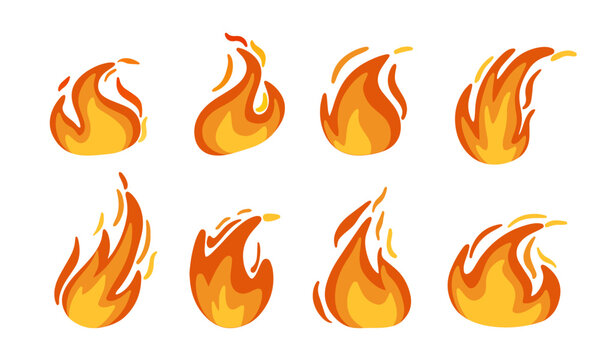 Set of flat icon flames fires, with burning red hot sparks isolated on white background. Vector illustration